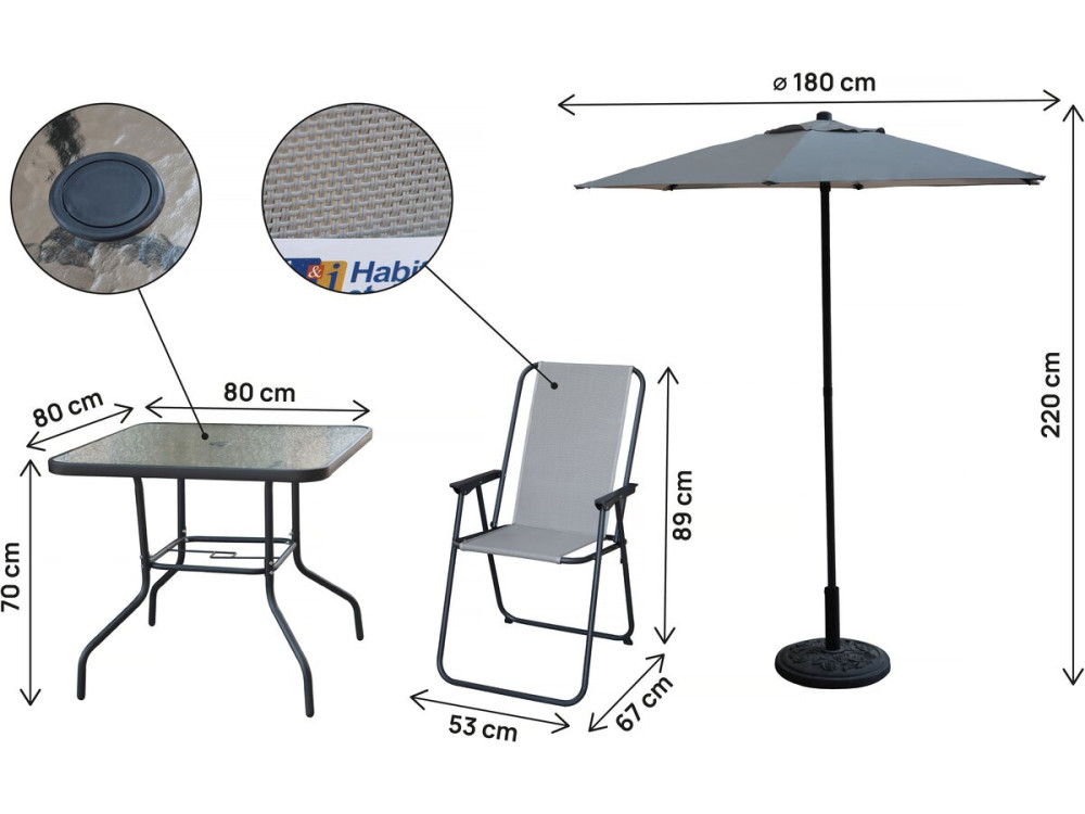 Convivia" metal garden table and chairs with parasol - 4 seats - Light grey