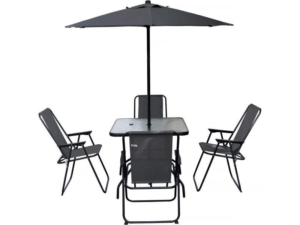 Convivia" metal garden table and chairs with parasol - 4 seats - Charcoal grey