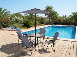 Convivia" metal garden table and chairs with parasol - 4 seats - Charcoal grey 2