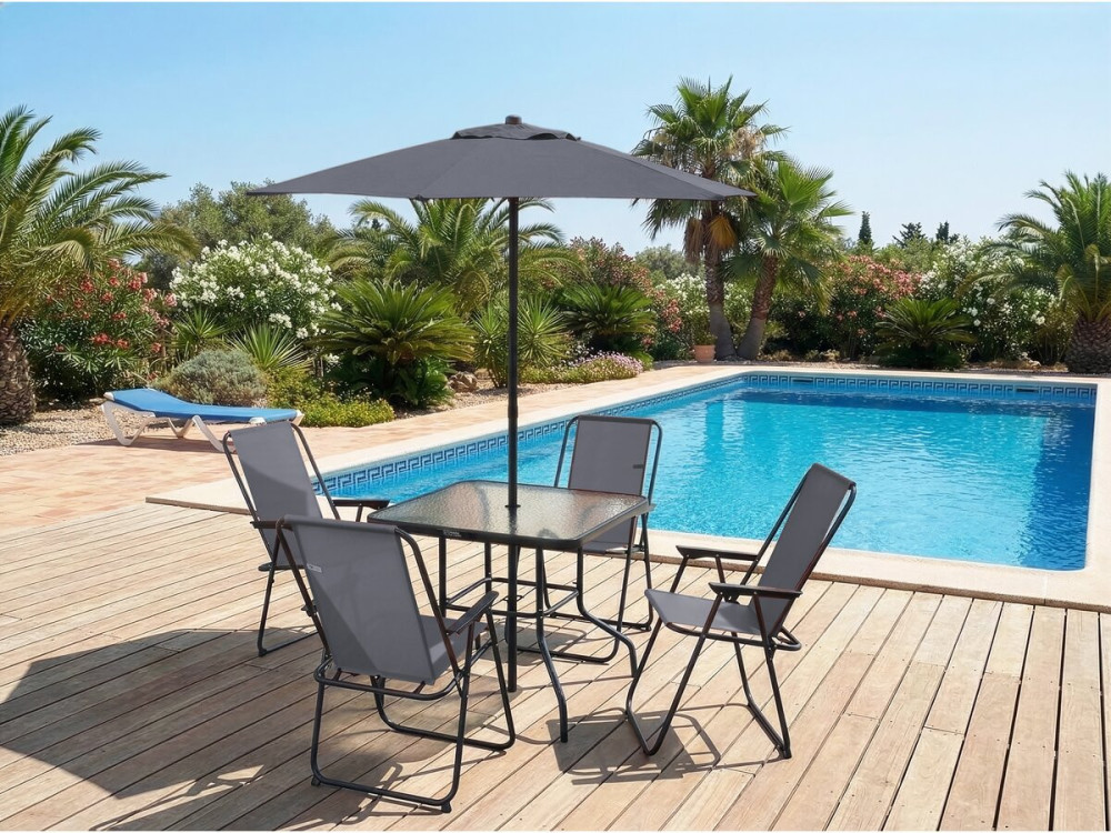 Convivia" metal garden table and chairs with parasol - 4 seats - Charcoal grey