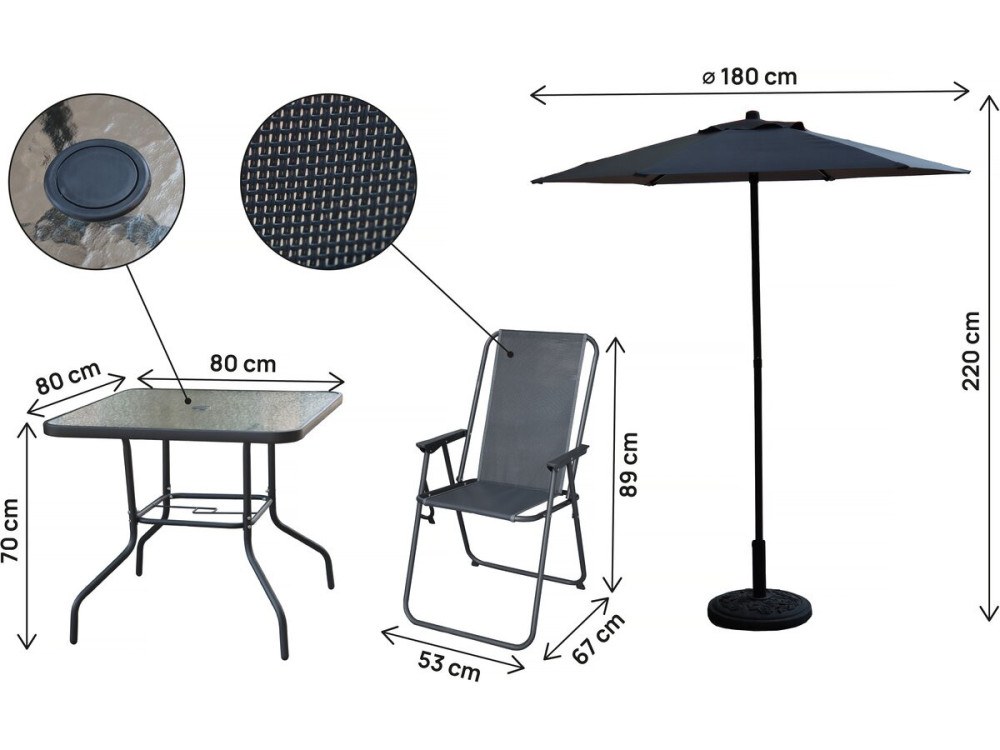 Convivia" metal garden table and chairs with parasol - 4 seats - Charcoal grey
