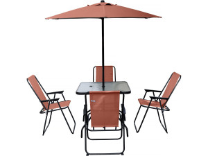 Convivia" metal garden table and chairs with parasol - 4 seats - Terracotta