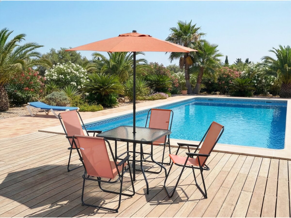 Convivia" metal garden table and chairs with parasol - 4 seats - Terracotta