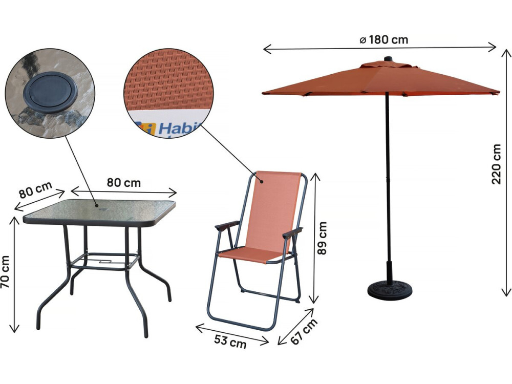 Convivia" metal garden table and chairs with parasol - 4 seats - Terracotta