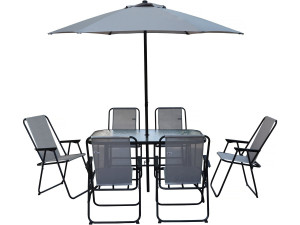 Convivia" metal garden table and chairs with parasol - 6 seats - Light grey