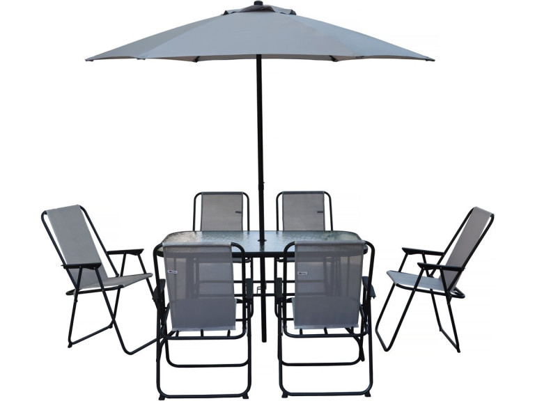 Convivia" metal garden table and chairs with parasol - 6 seats - Light grey