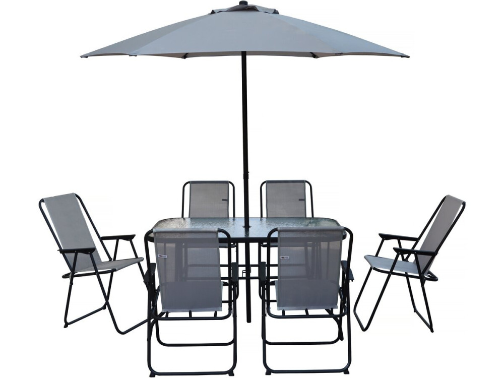Convivia" metal garden table and chairs with parasol - 6 seats - Light grey