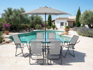 Convivia" metal garden table and chairs with parasol - 6 seats - Light grey 2
