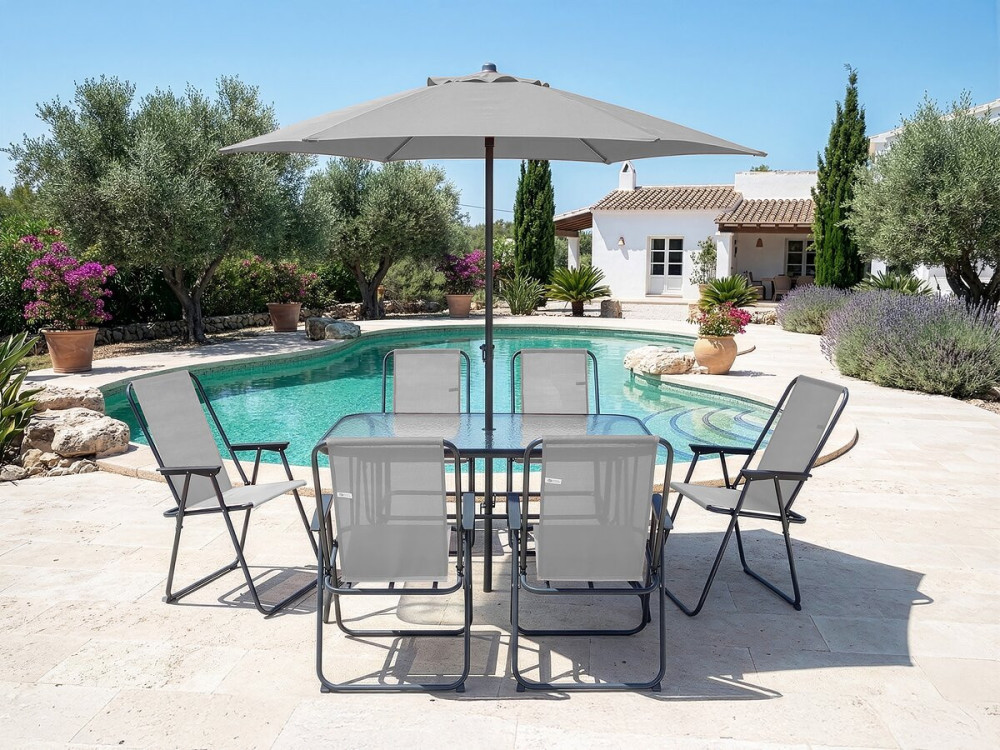Convivia" metal garden table and chairs with parasol - 6 seats - Light grey