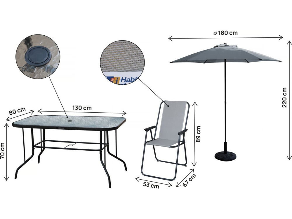 Convivia" metal garden table and chairs with parasol - 6 seats - Light grey