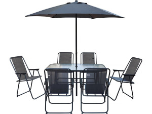 Convivia" metal garden table and chairs with parasol - 6 seats - Charcoal grey