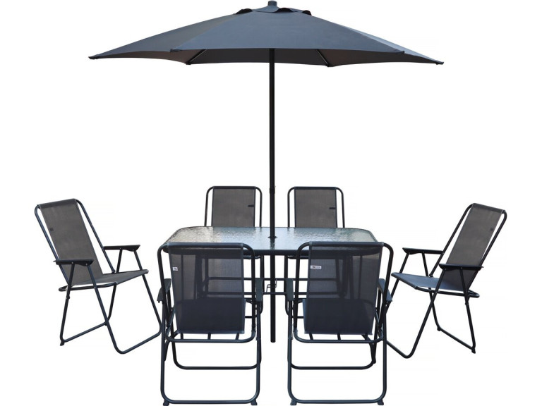Convivia" metal garden table and chairs with parasol - 6 seats - Charcoal grey