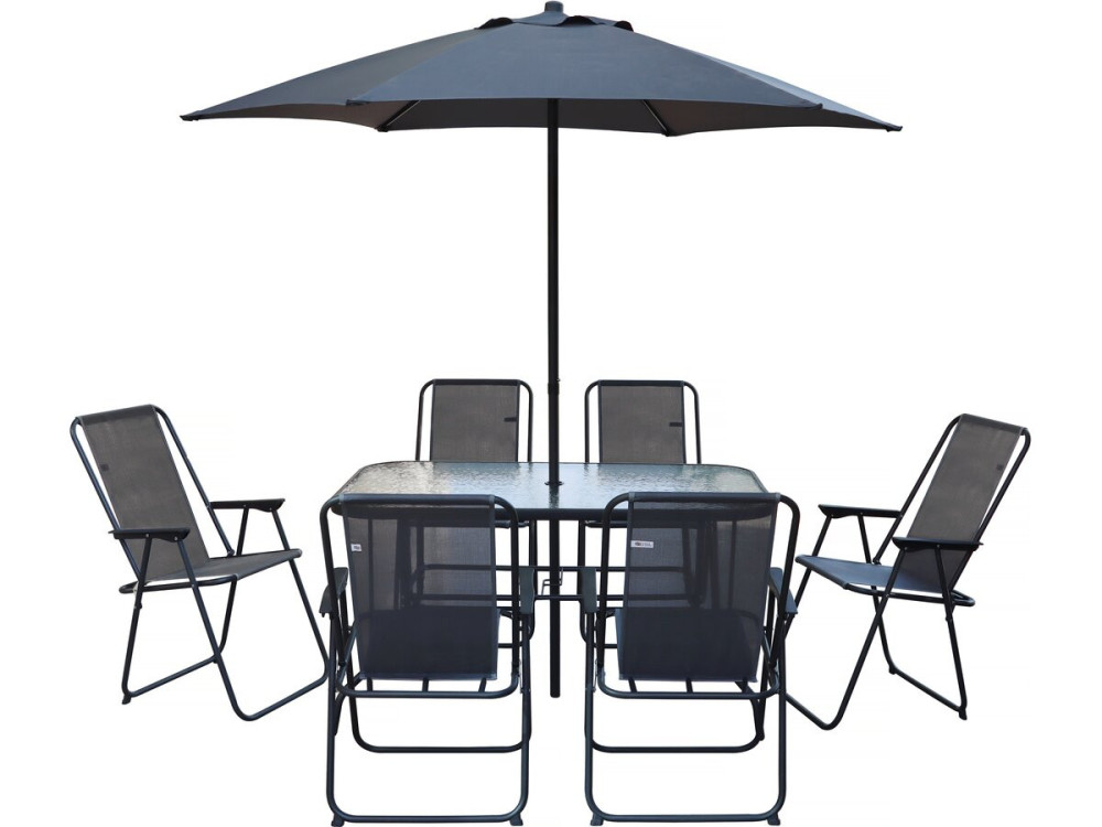 Convivia" metal garden table and chairs with parasol - 6 seats - Charcoal grey