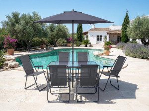 Convivia" metal garden table and chairs with parasol - 6 seats - Charcoal grey 2