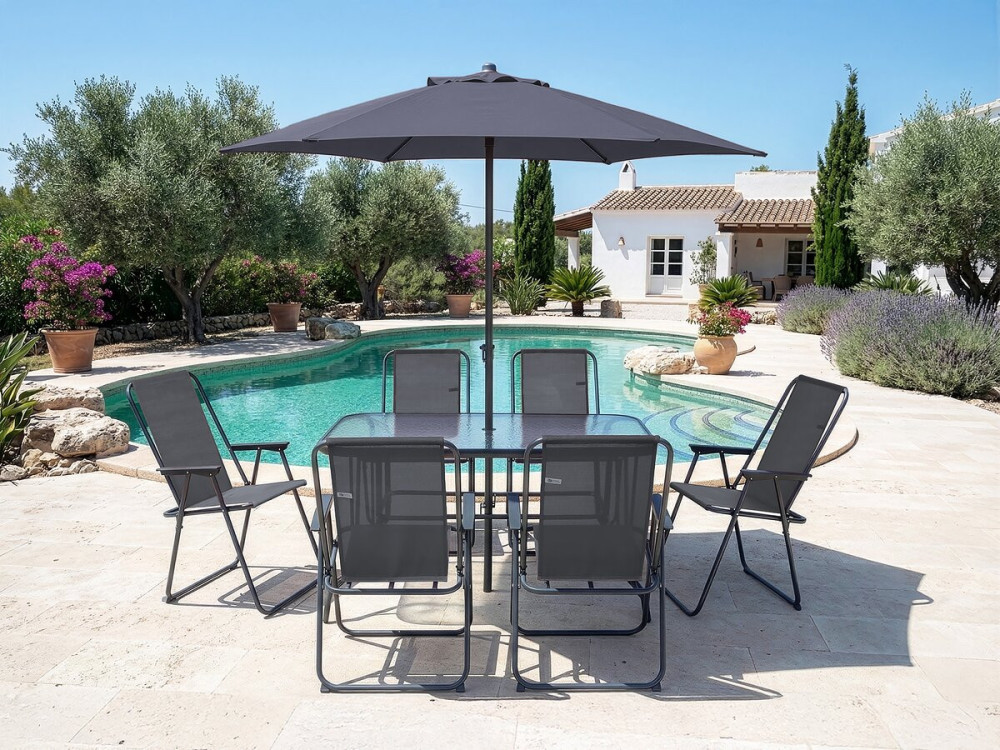 Convivia" metal garden table and chairs with parasol - 6 seats - Charcoal grey