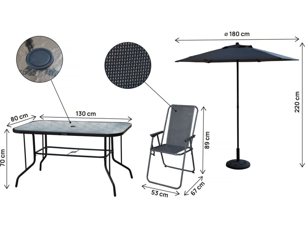 Convivia" metal garden table and chairs with parasol - 6 seats - Charcoal grey