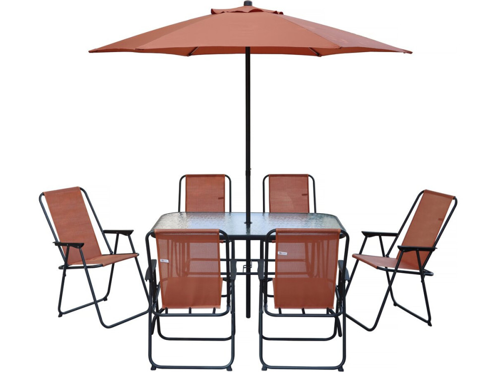 Convivia" metal garden table and chairs with parasol - 6 seats - Terracotta