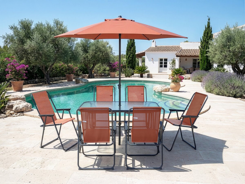 Convivia" metal garden table and chairs with parasol - 6 seats - Terracotta