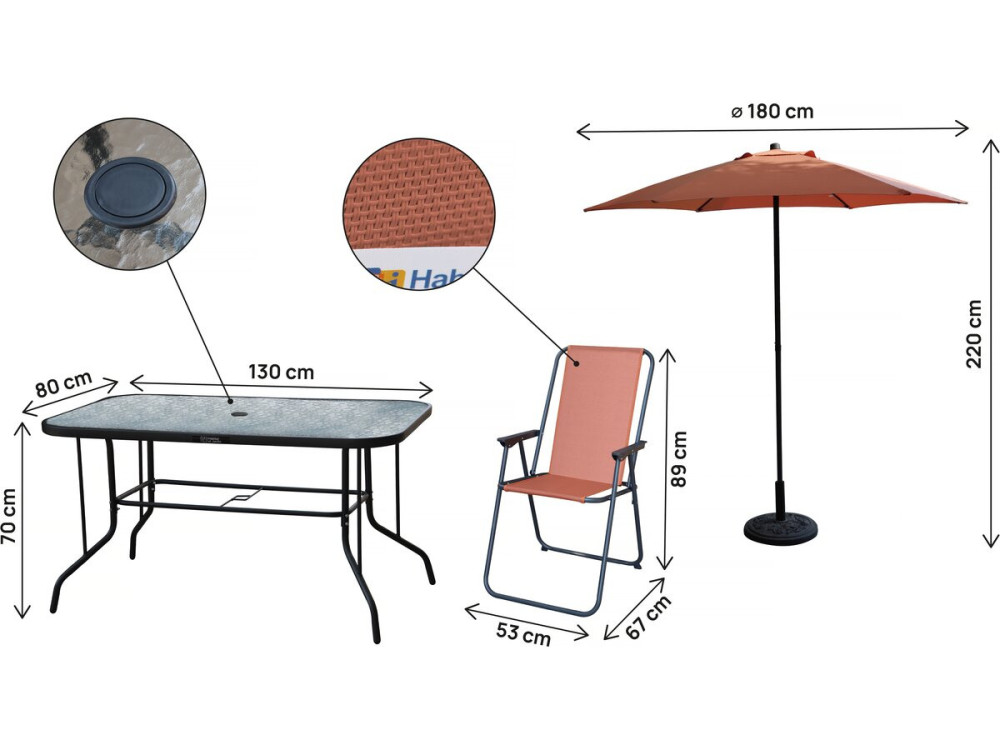Convivia" metal garden table and chairs with parasol - 6 seats - Terracotta