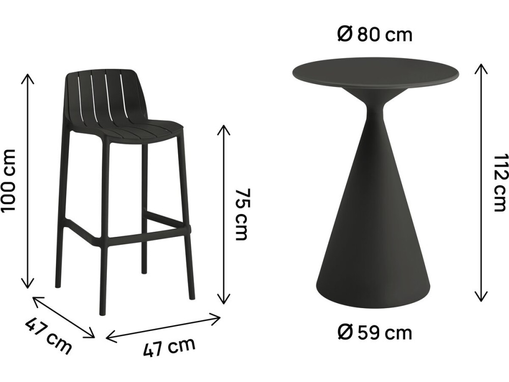 Vaena" high stacking bistro table and chairs - 2 seater - Black