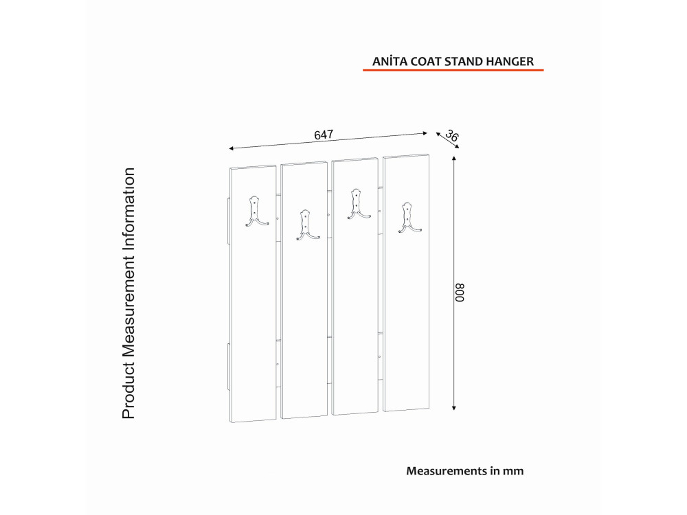 Anita" wooden wall coat rack - 64 x 3 x 80 cm - White