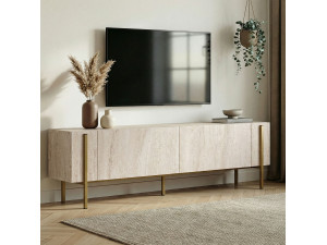 Nexus" wooden TV stand - 180 x 30 x 45 cm - Travertine / Gold 2