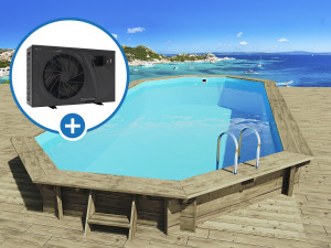 Wooden pool "Sevilla 130" - 8.57 x 4.57 x 1.31 m + 6 kw/h inverter heat pump "PowerLine by Hayward" - Black