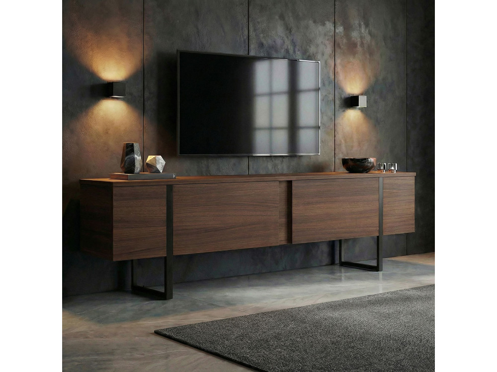 Onera" wooden TV stand - 180 x 30 x 50 cm - Walnut / Black