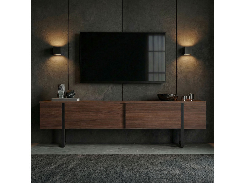 Onera" wooden TV stand - 180 x 30 x 50 cm - Walnut / Black