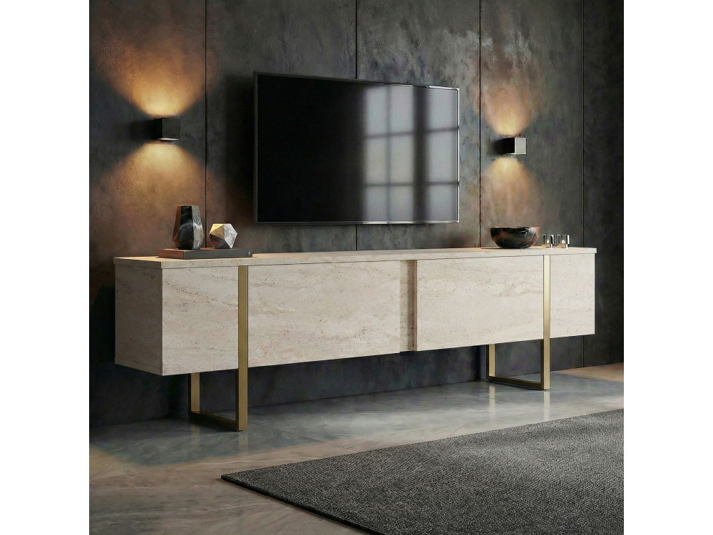 Onera" wooden TV stand - 180 x 30 x 50 cm - Travertine / Gold