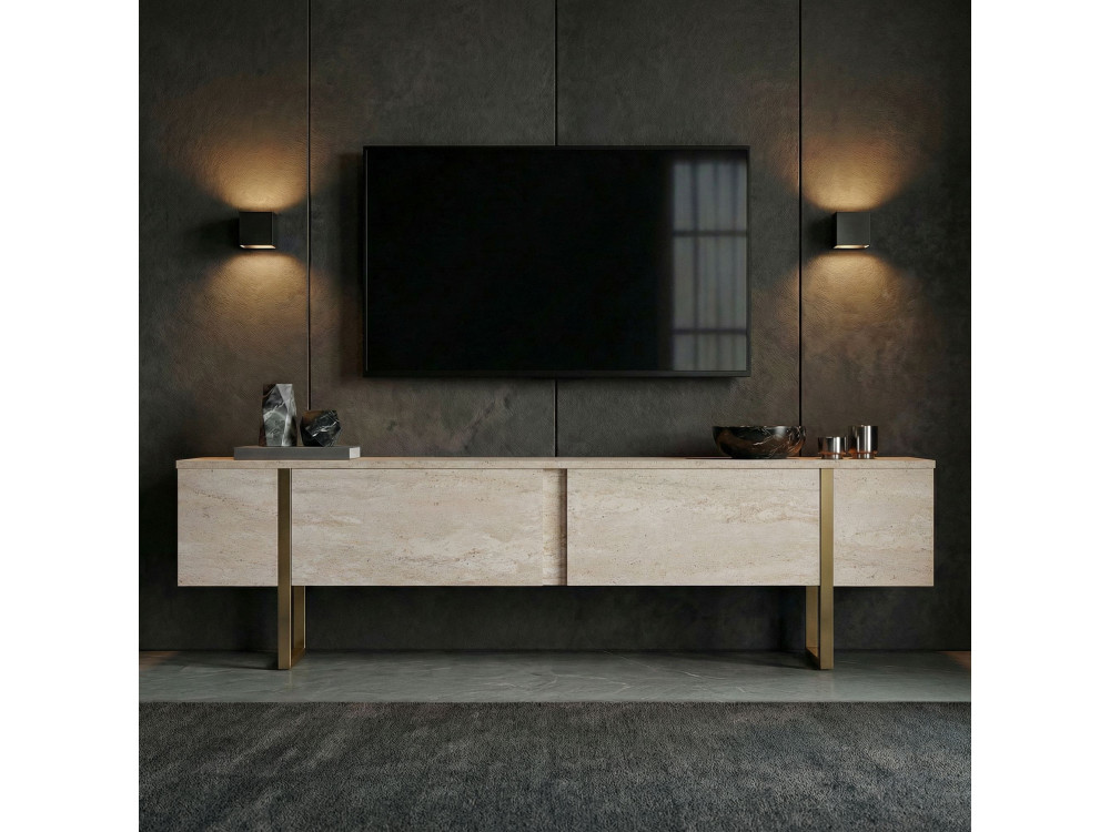 Onera" wooden TV stand - 180 x 30 x 50 cm - Travertine / Gold