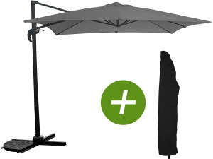 Hanging garden parasol with portable base "Soleil" - Square shape -  2.5 x 2.5 m - Grey + Protection cover