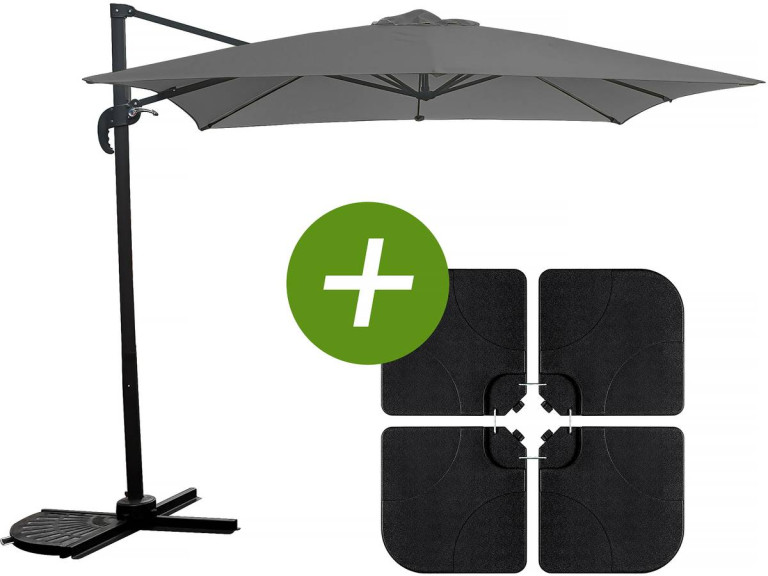 Hanging garden parasol with portable base "Soleil" - Square shape -  2.5 x 2.5 m - Grey + Base stand