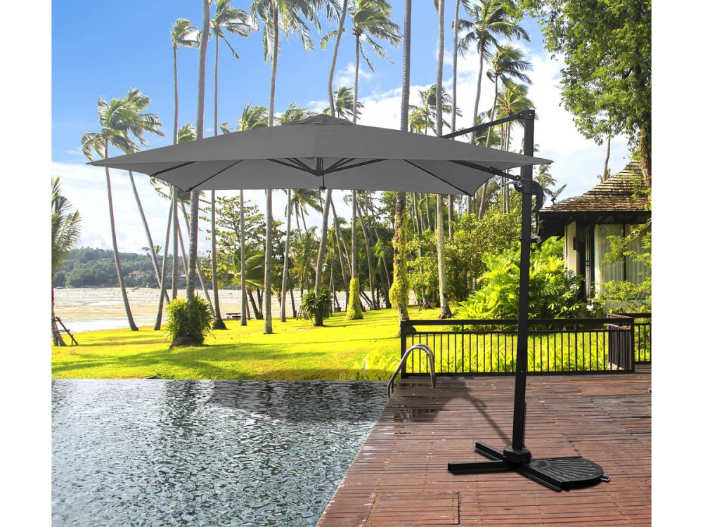 Hanging garden parasol with portable base "Soleil" - Square shape -  2.5 x 2.5 m - Grey + Base stand