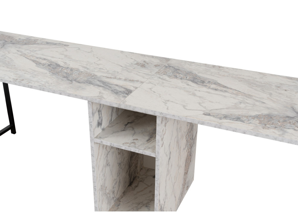 Twin" double desk with 2 wooden shelves - 240 x 60 x 74 cm - White marbled