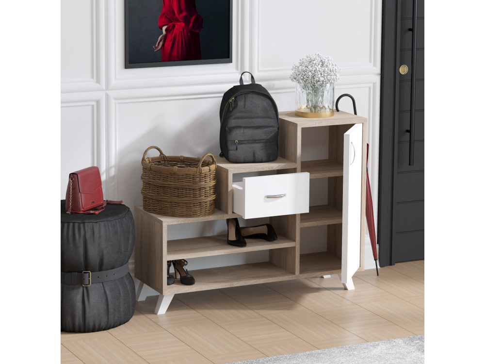 Retro" wooden shoe cabinet - 90 x 33 x 77 cm - Beige