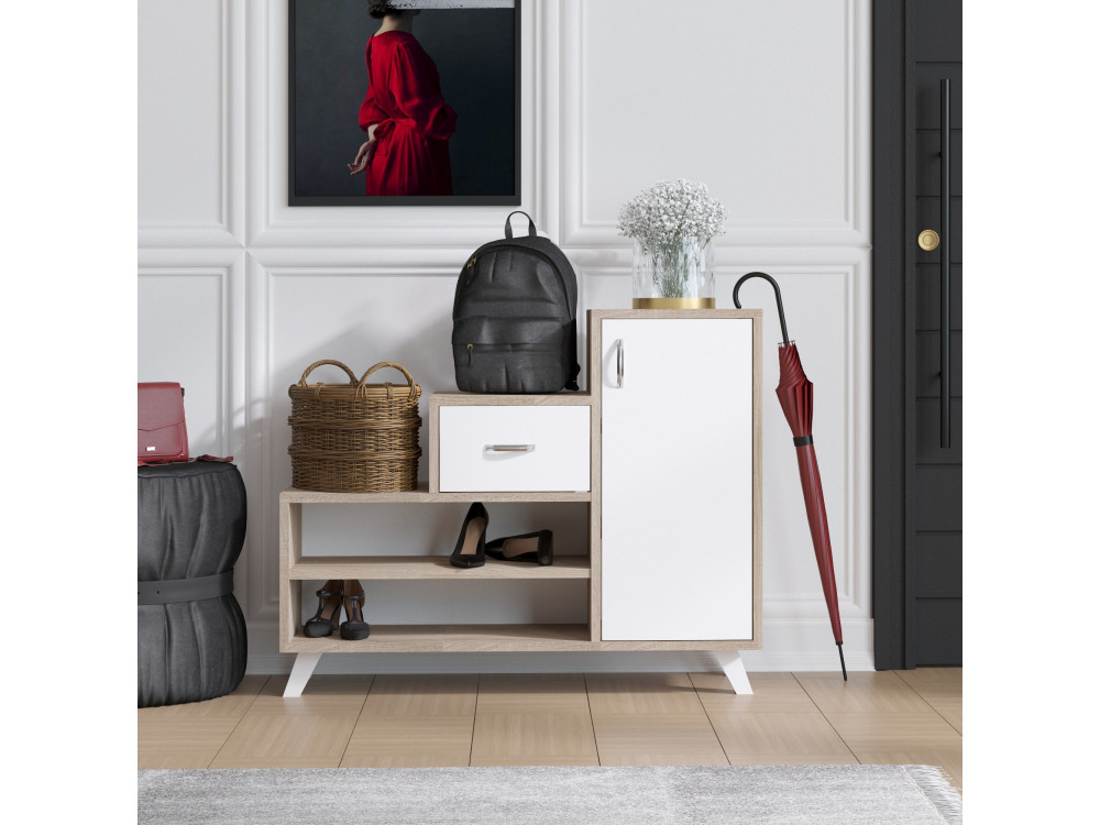 Retro" wooden shoe cabinet - 90 x 33 x 77 cm - Beige
