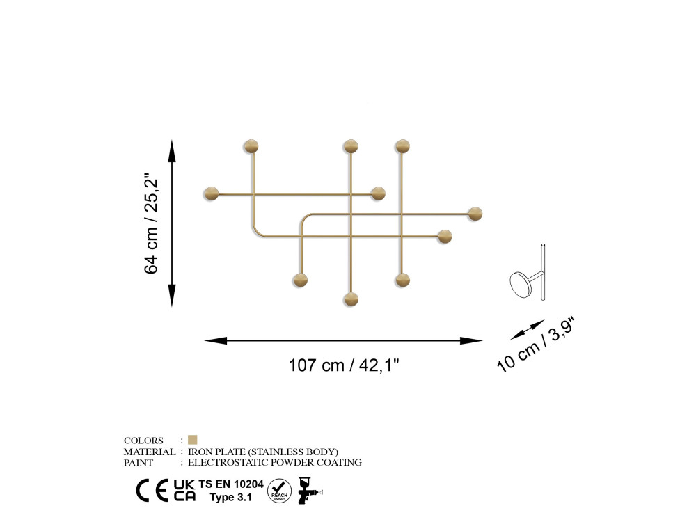 Samara" metal wall hook - 107 x 10 x 64 cm - Gold
