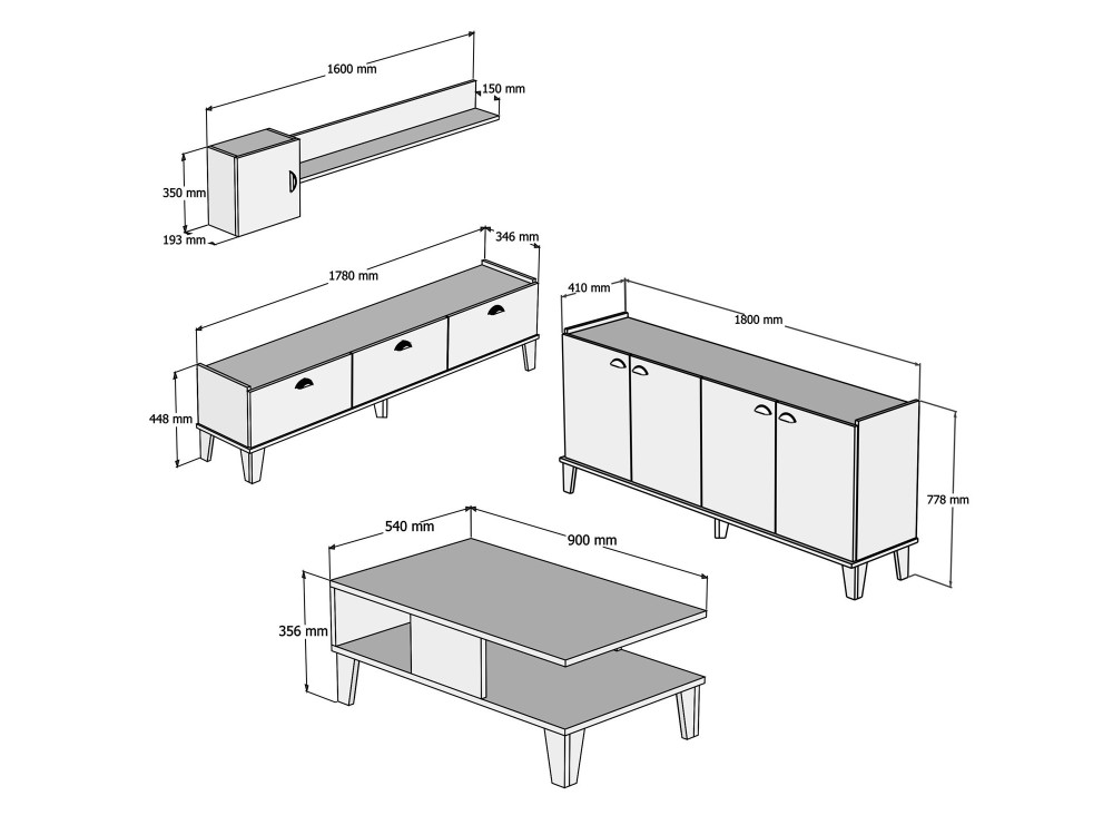 Sumer" wooden lounge furniture set - 180 x 41 x 77 cm - White