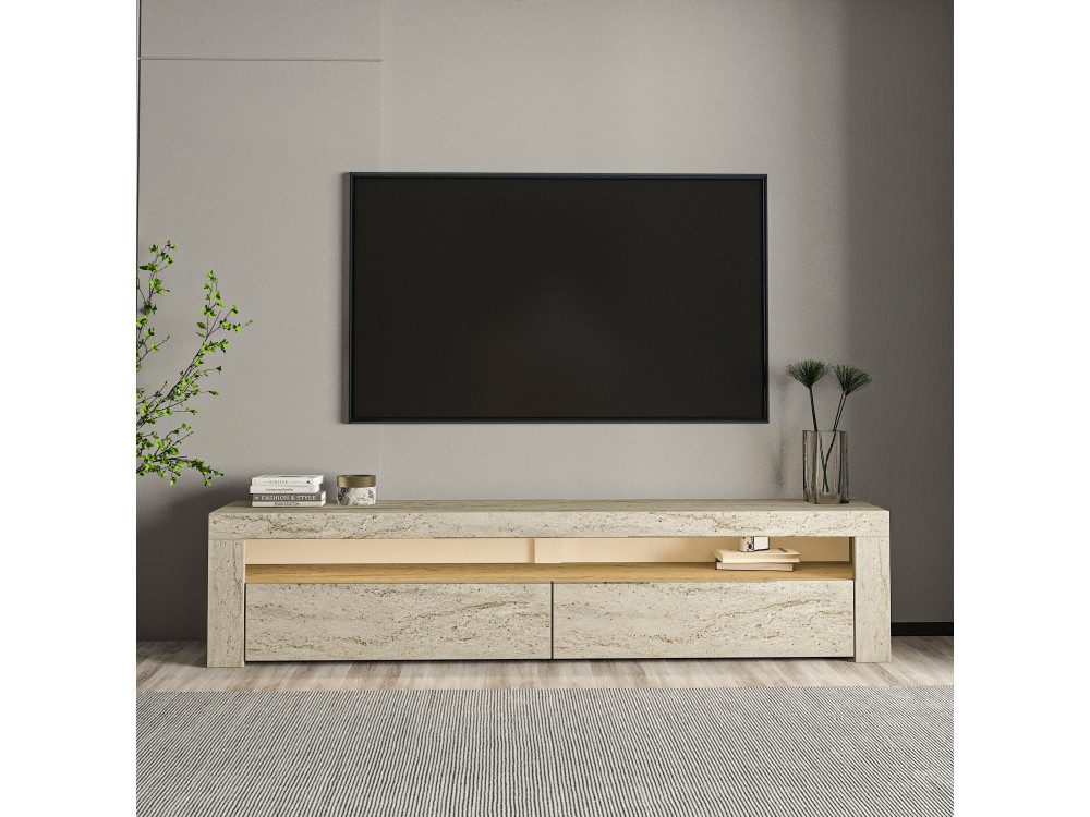 Bati" wooden TV stand - 150 x 36 x 46 cm - Travertine