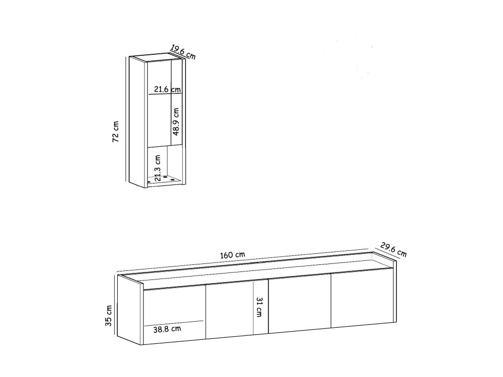 Sema" wooden TV stand with wall shelf - 160 x 30 x 35 cm - Travertine