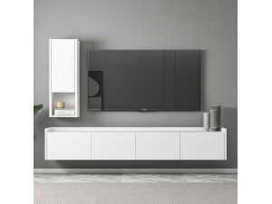 Sema" wooden TV stand with wall shelf - 160 x 30 x 35 cm - White 2