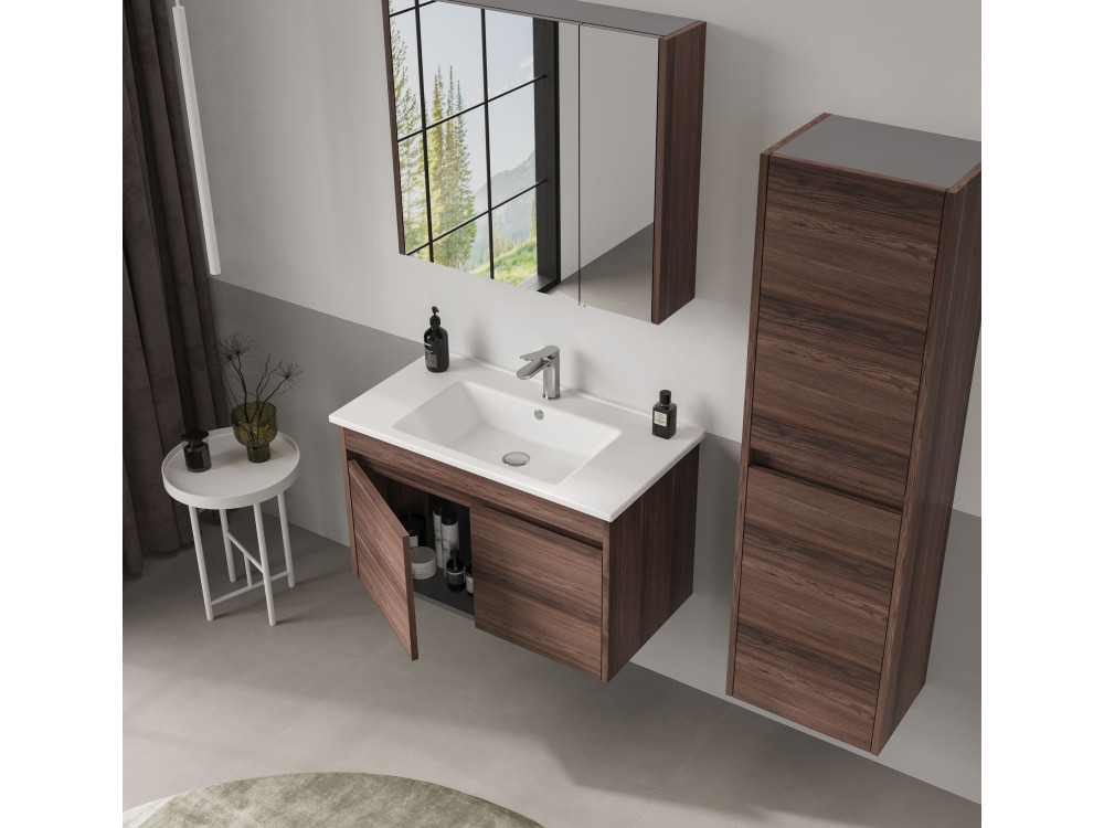 "Side 80" Bathroom Cabinet with Mirror - 79 x 16 x 66 cm - Dark Walnut