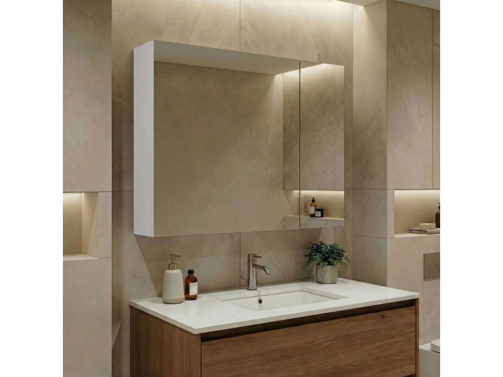 "Side 80" Bathroom Cabinet with Mirror - 79 x 16 x 66 cm - Matte White