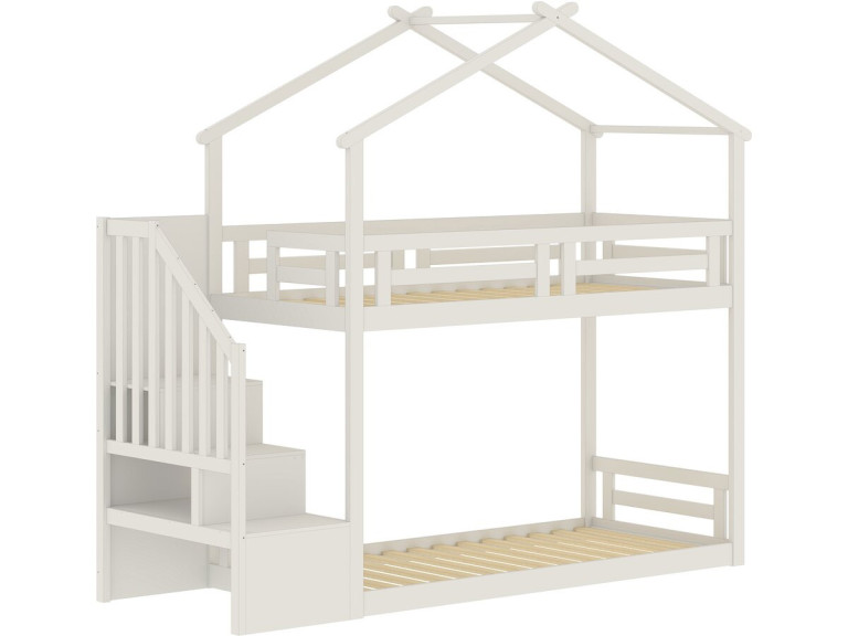 "Oriana" Bunk Bed with Wooden Stairs - 90 x 190 cm - Beige