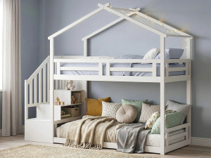 "Oriana" Bunk Bed with Wooden Stairs - 90 x 190 cm - Beige 2