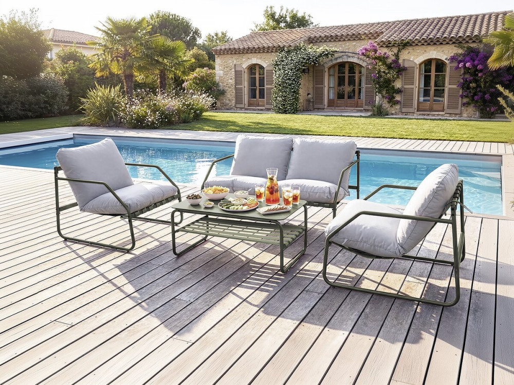 Sora" metal garden furniture set with cushions - 4 seater - Green