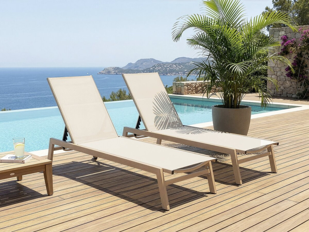 Set of 2 "Elysia" wood-look aluminum sunbeds - Ecru