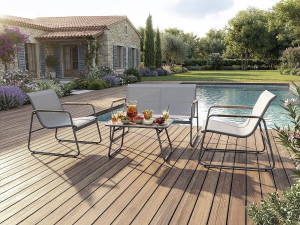Sparta" metal garden furniture set with imitation wood decor - 4 seats - Light grey 2