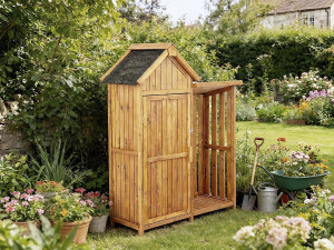 Noé" wooden garden cabinet with log storage - 136 x 57 x 170 cm - Brown 2
